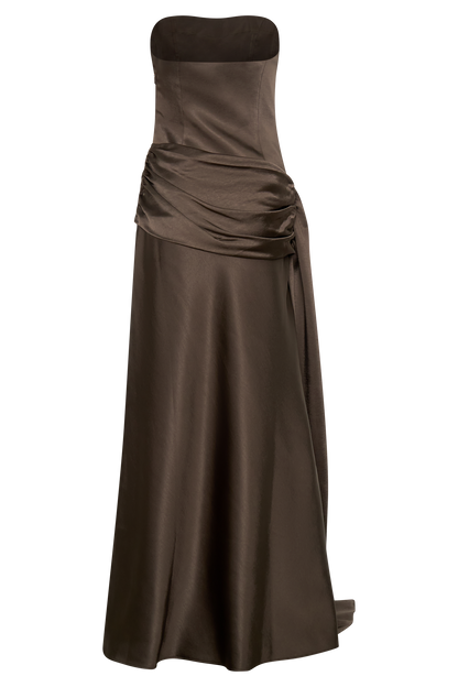 Sarah Strapless Maxi Dress With Waist Tie - Mocha
