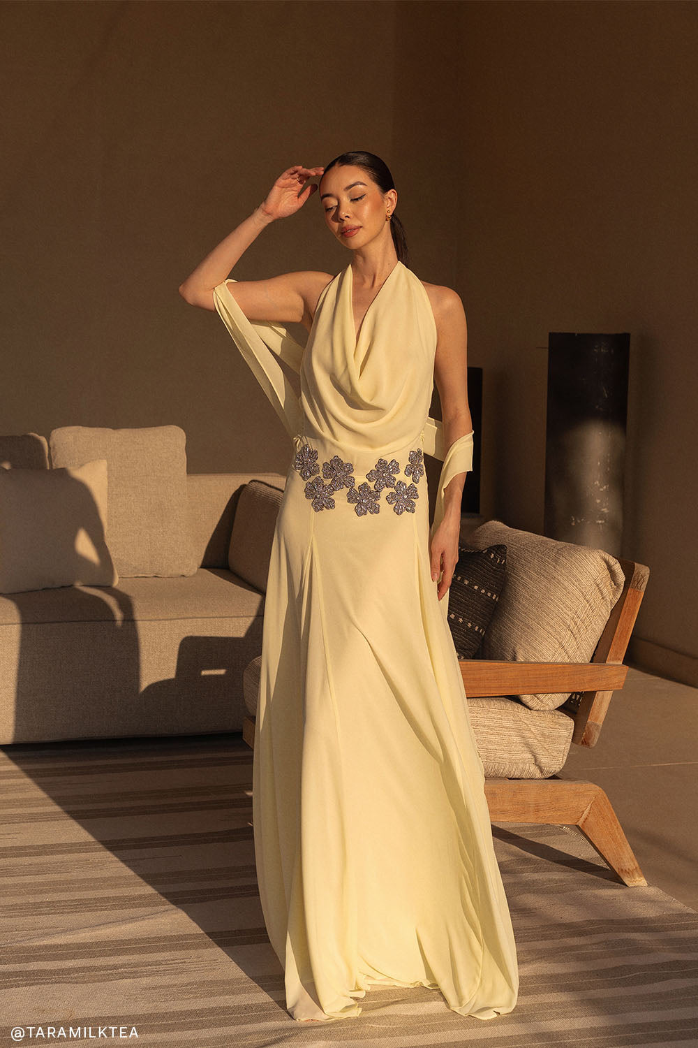 Santal Floral Chiffon Halter Maxi Dress - Lemon