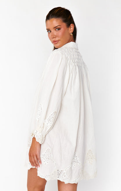 Leona Mini Dress ~ White Lace Embroidery
