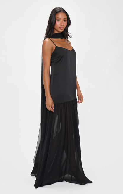 Dalia Maxi Dress ~ Black Luxe Satin