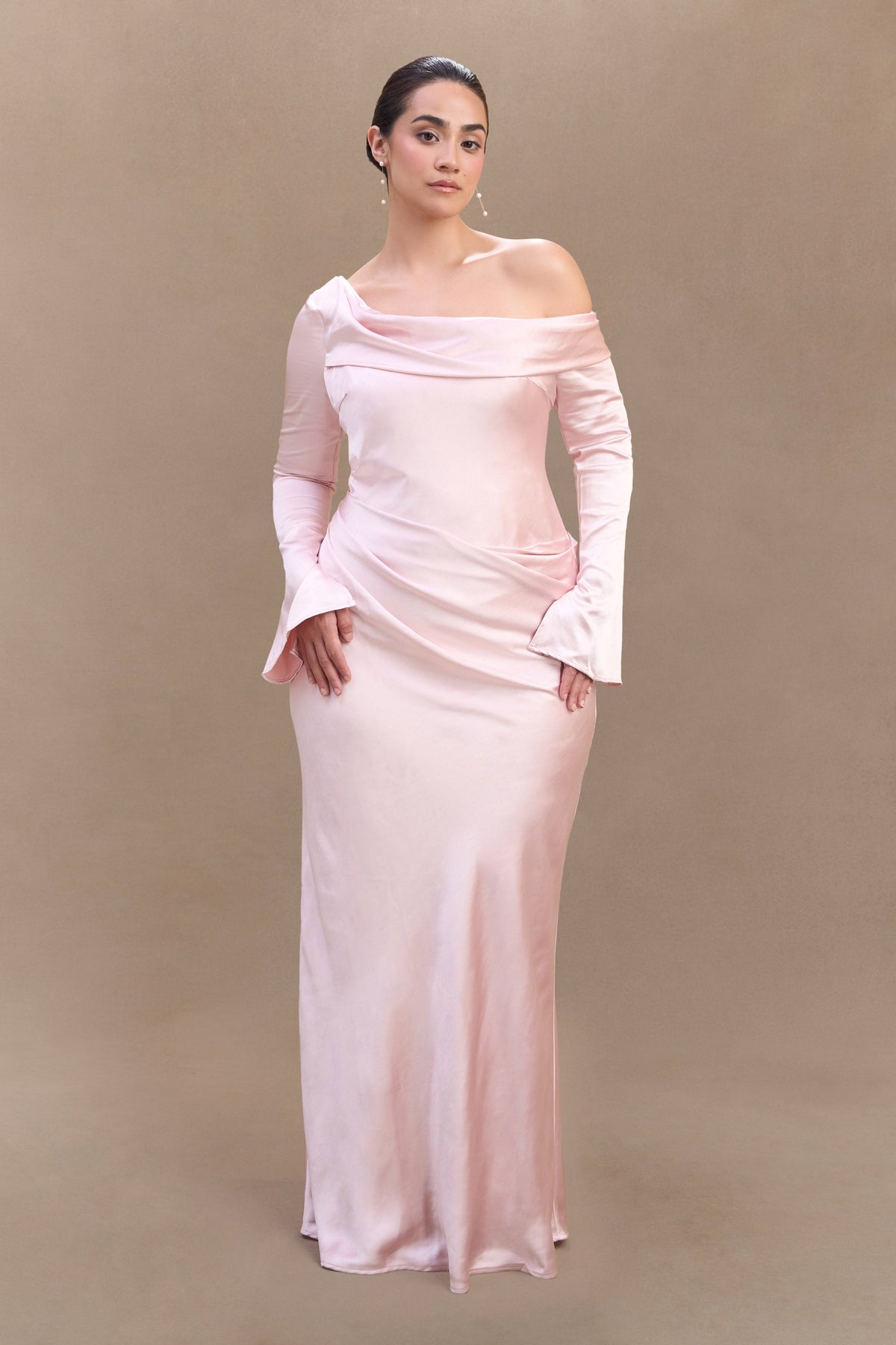 Iris Long Sleeve Satin Maxi Dress - Soft Pink