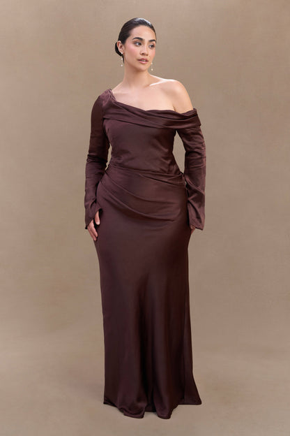 Iris Long Sleeve Satin Maxi Dress - Dark Chocolate
