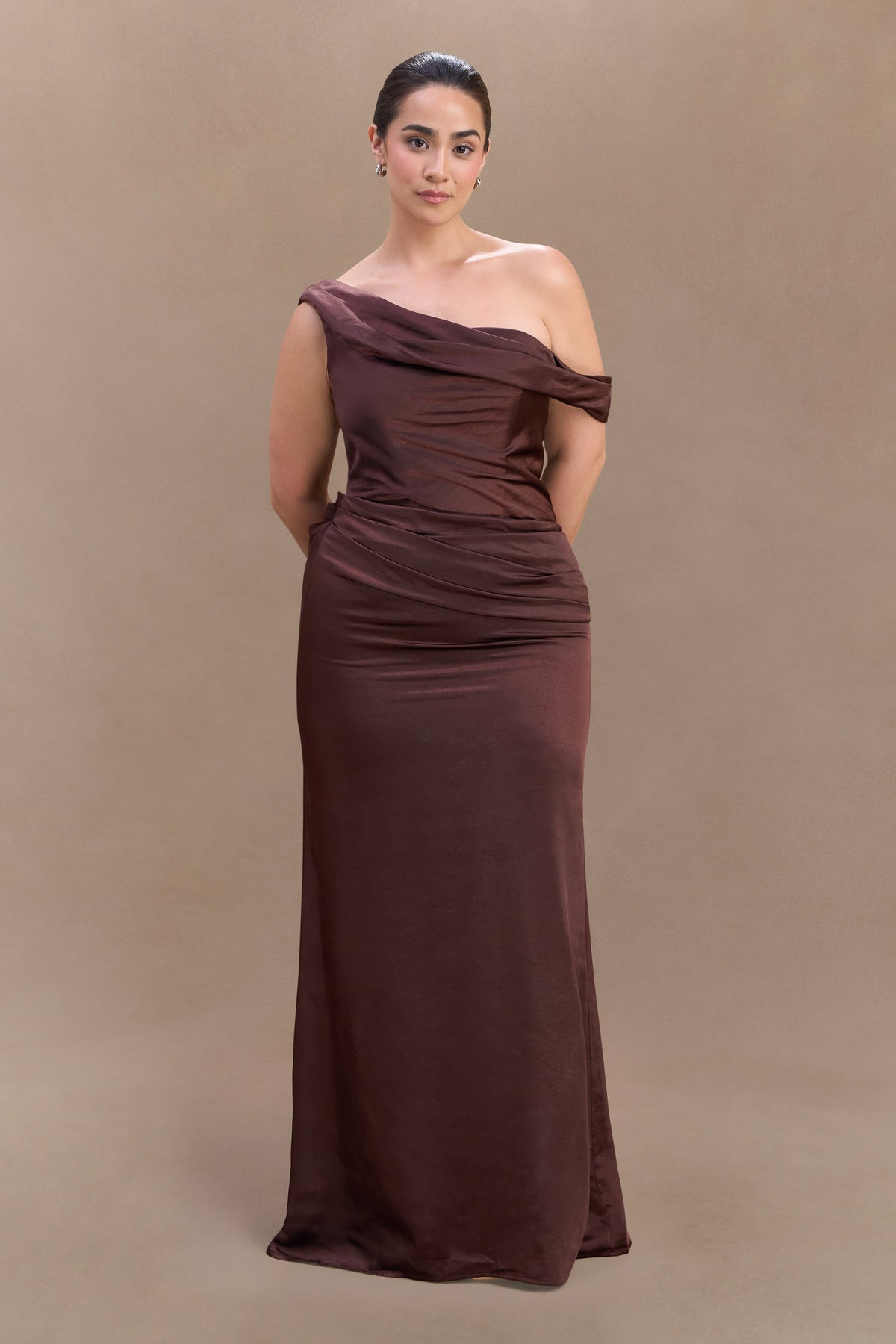 Dalia Off Shoulder Satin Maxi Dress - Dark Chocolate