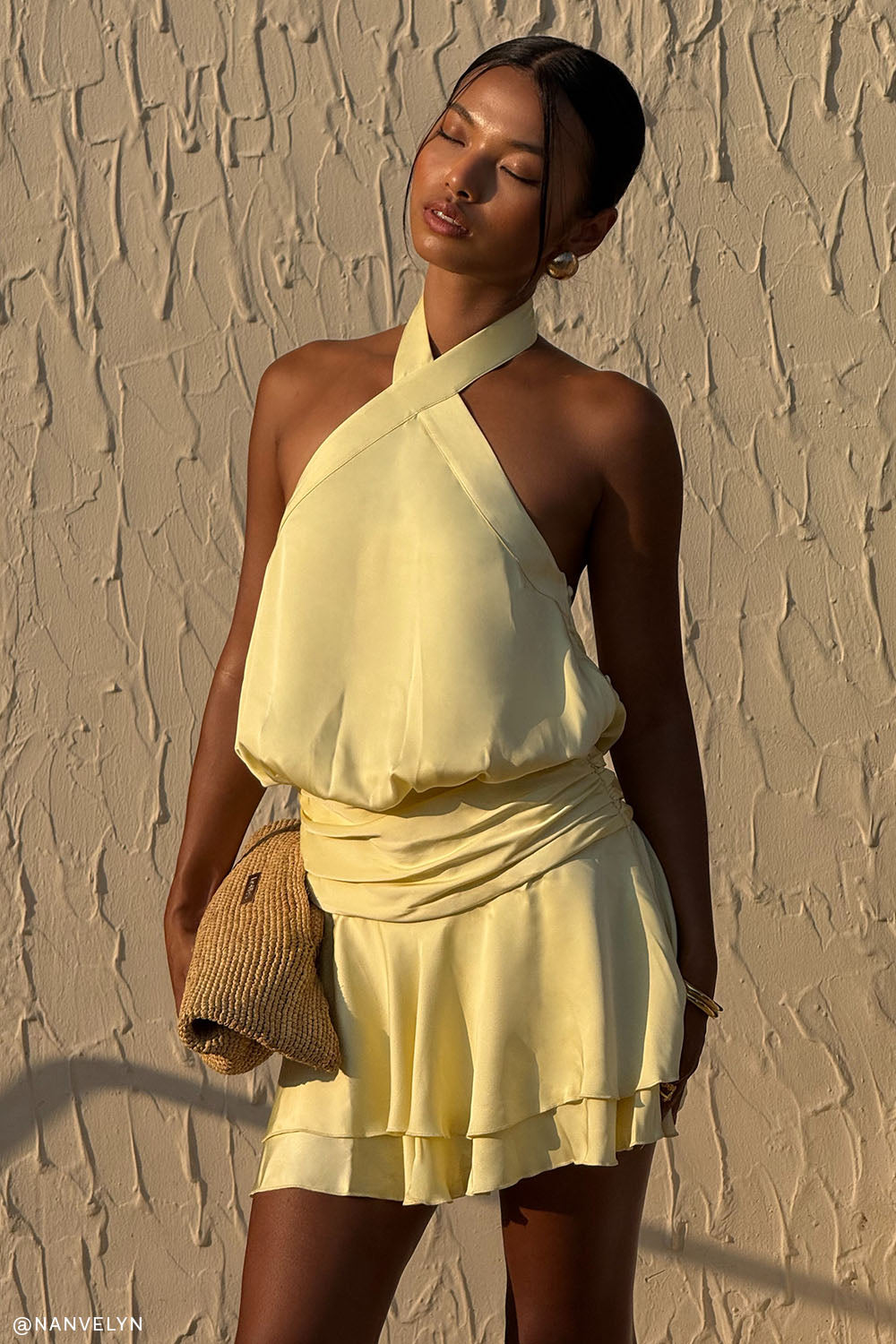 Poppy Satin Halter Mini Dress - Lemon