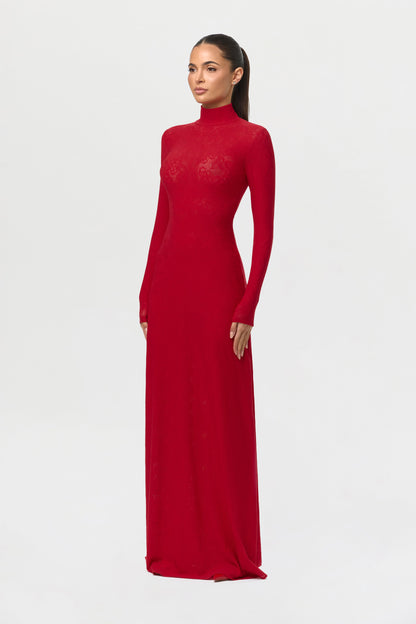 Stretch Lace Turtleneck Maxi Dress