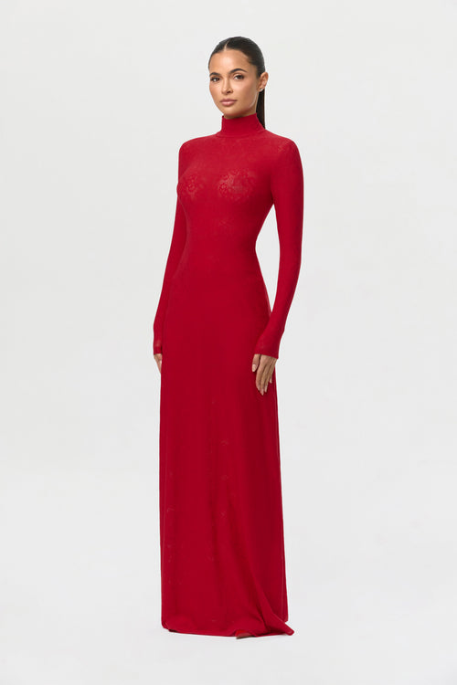 Stretch Lace Turtleneck Maxi Dress