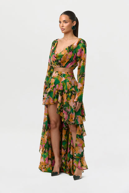 Chiffon Floral Asymmetric Ruffle Skirt