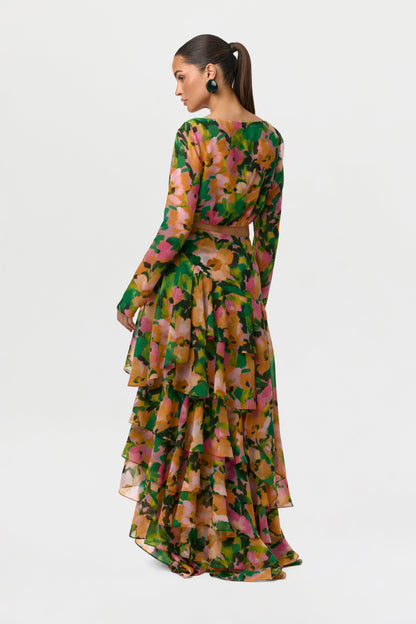 Chiffon Floral Asymmetric Ruffle Skirt