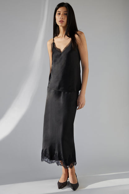 LACE TRIM SATIN MIDI SKIRT