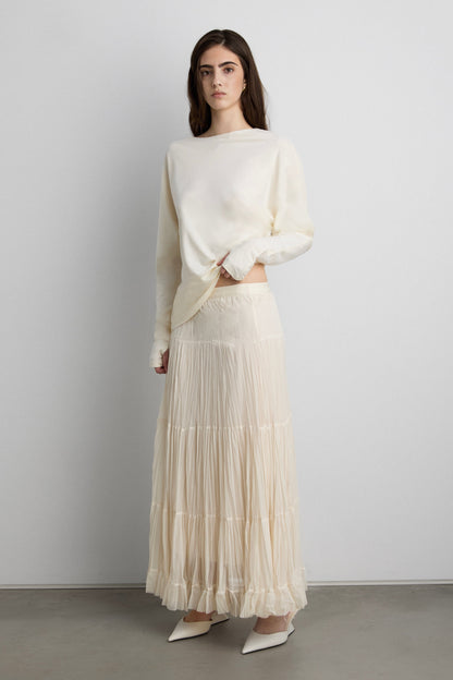 TIERED PLEATED MESH MAXI SKIRT