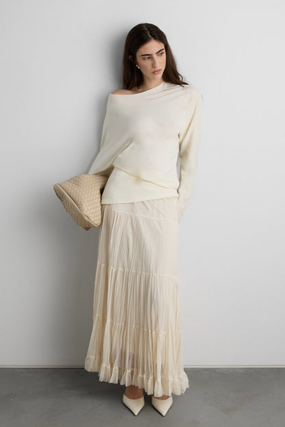 TIERED PLEATED MESH MAXI SKIRT