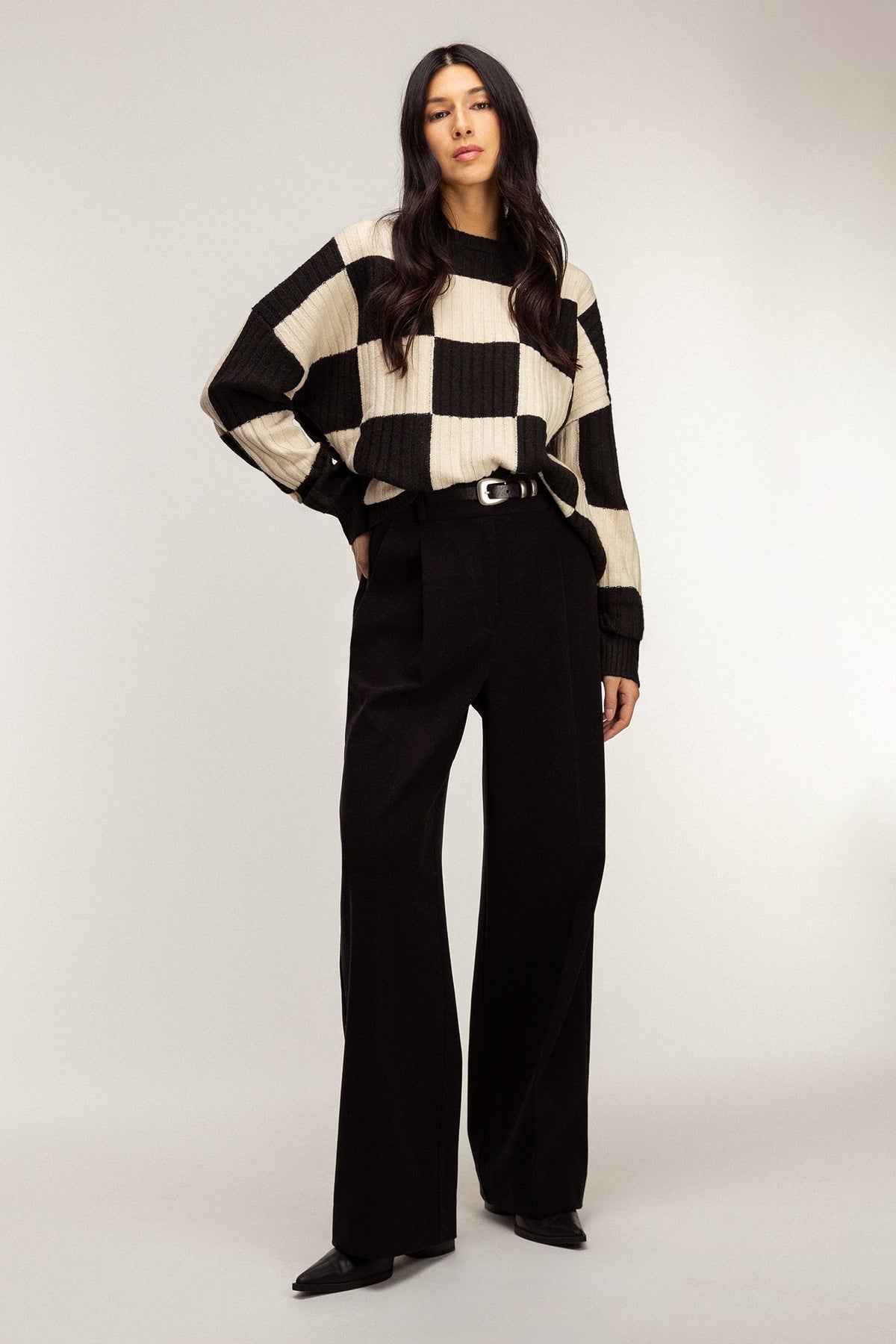 RIB-KNIT CHECKERED SWEATER