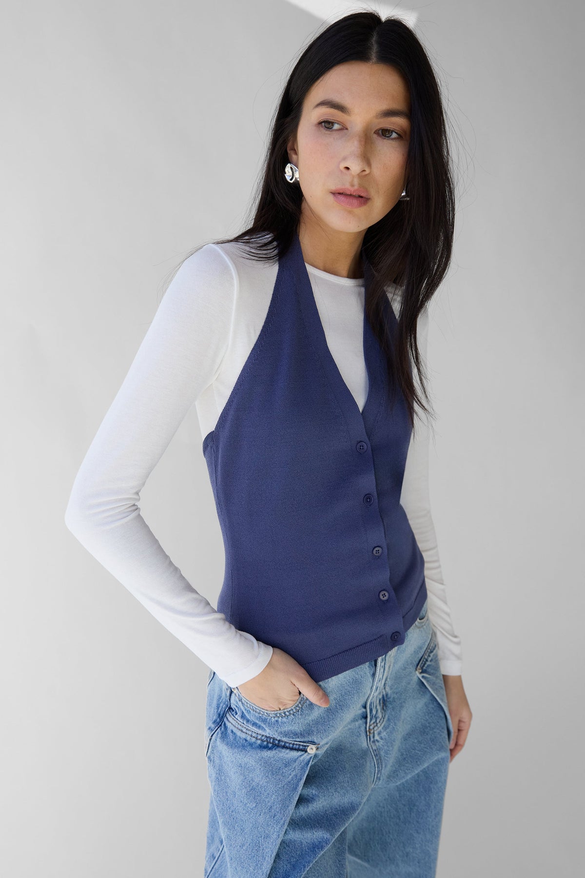 KNIT HALTER BUTTON FRONT TANK