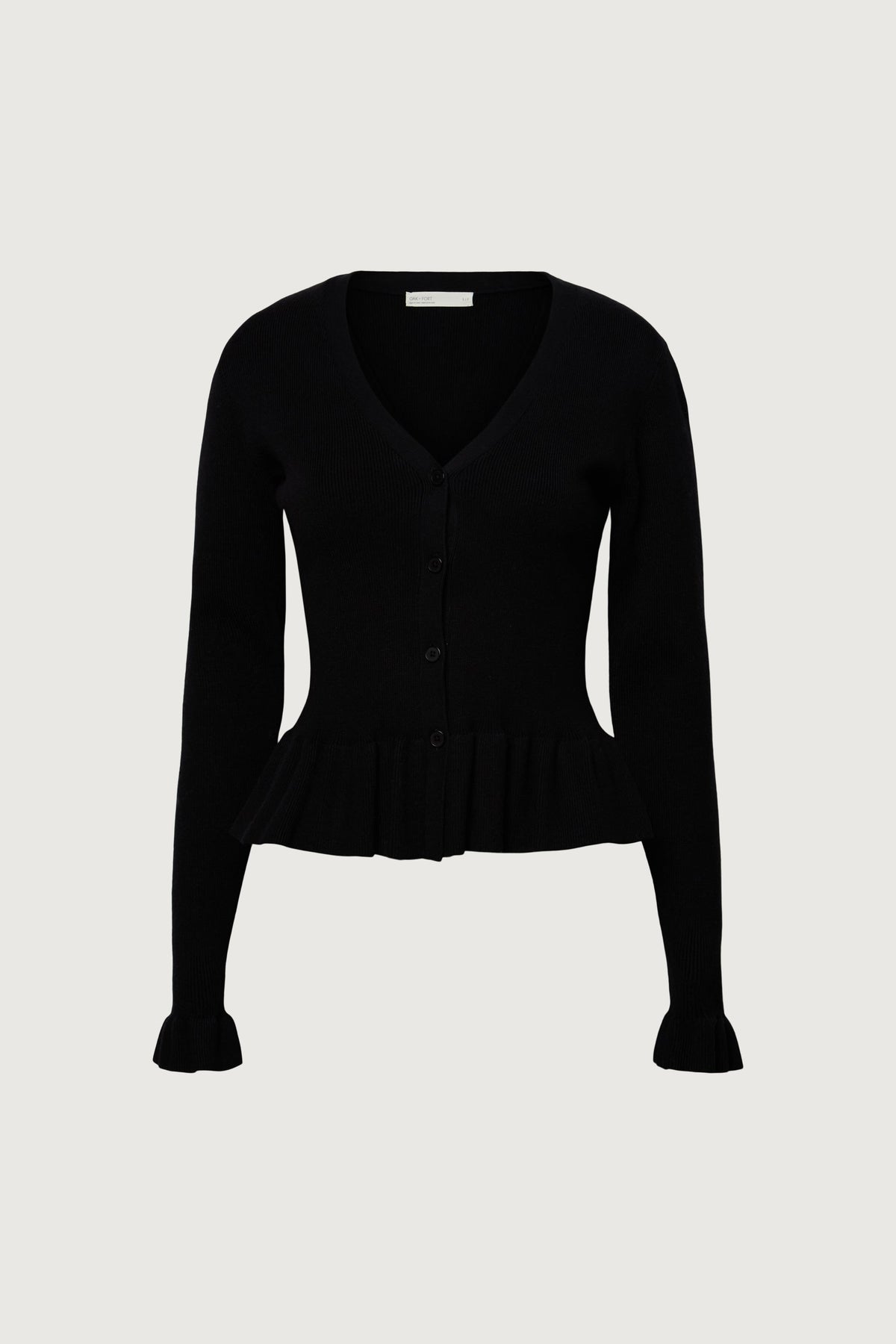 RIB-KNIT RUFFLED BUTTON FRONT CARDIGAN