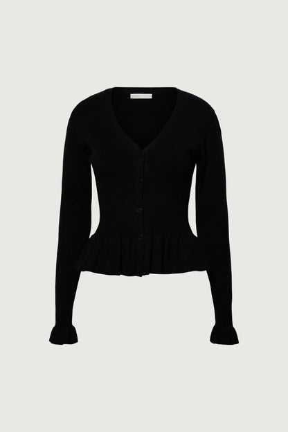 RIB-KNIT RUFFLED BUTTON FRONT CARDIGAN