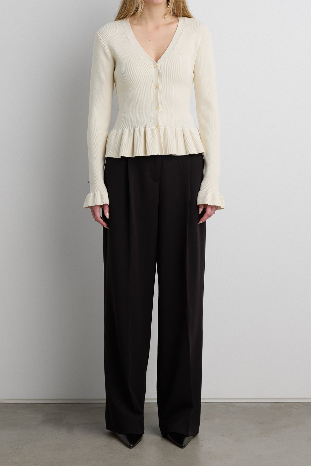RIB-KNIT RUFFLED BUTTON FRONT CARDIGAN