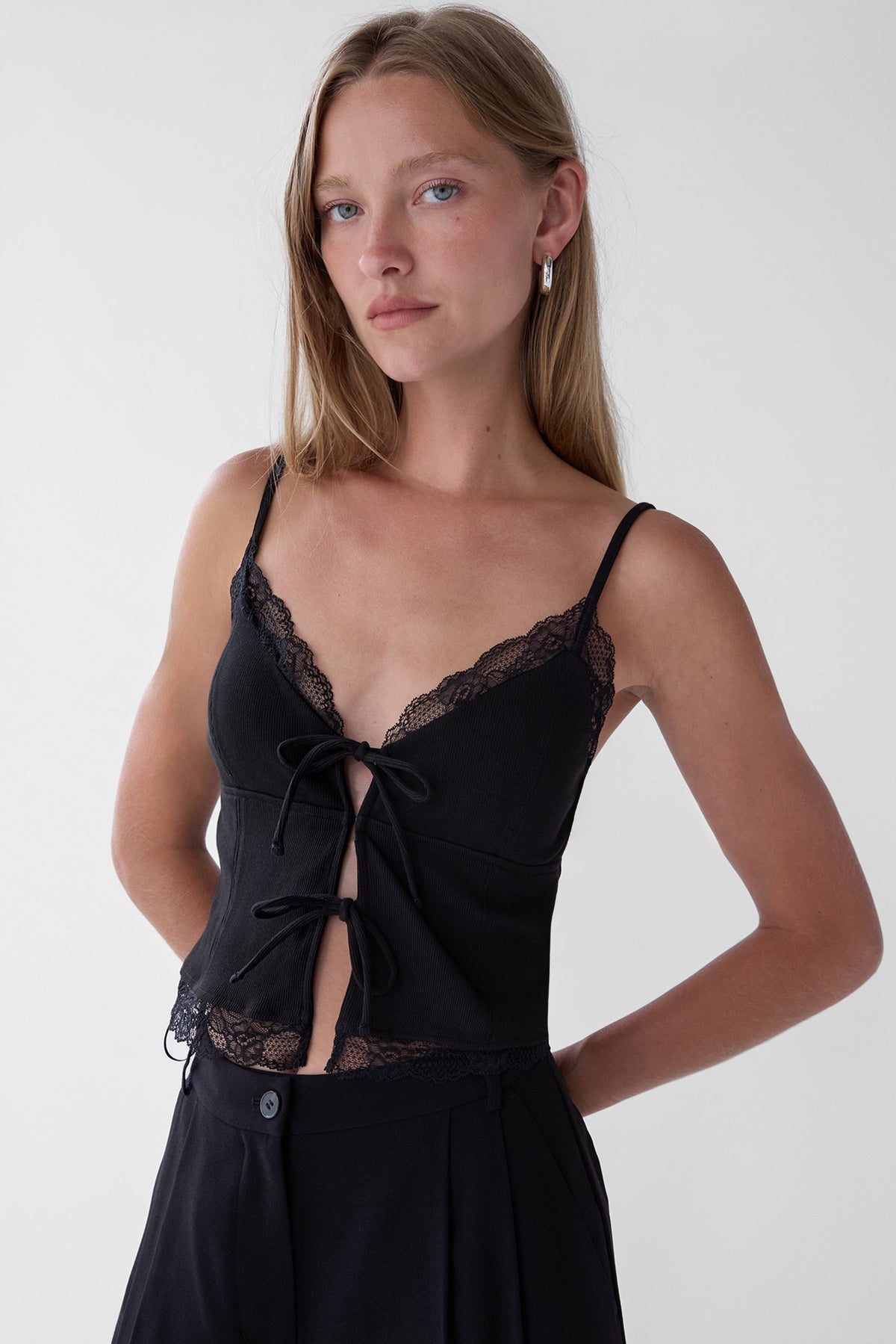 TIE FRONT LACE TRIM TANK CAMISOLE