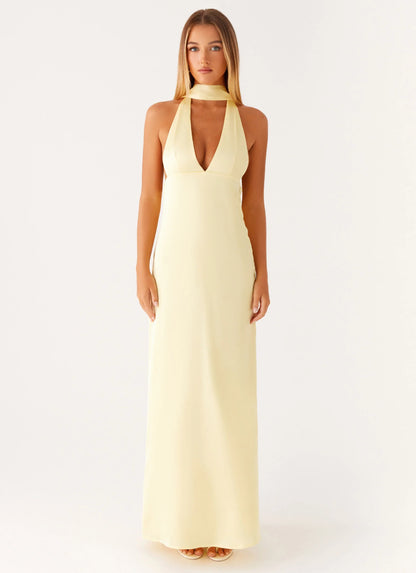 Alicia Satin Halter Maxi Dress Yellow