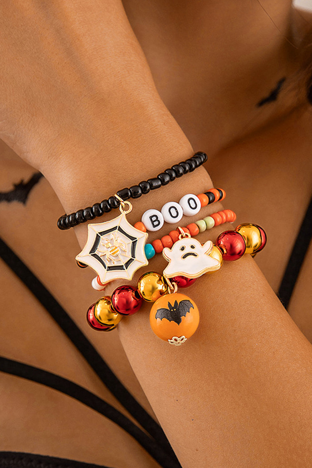 Hazel Blues® |  Orange 4pcs Halloween Ghost Spider Web Beaded Bracelet Set