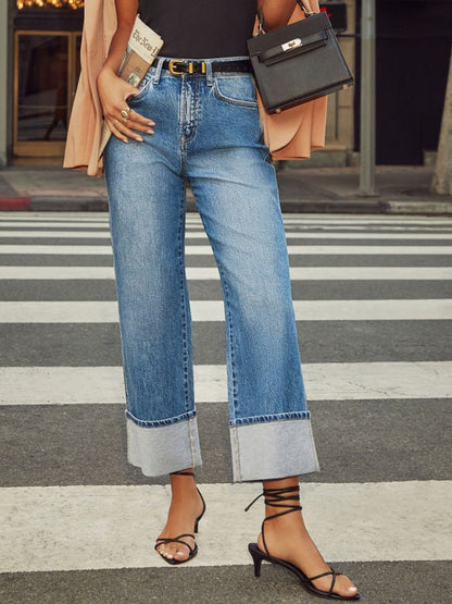Hazel Blues® |  High Waisted Straight Leg Rolled Jeans