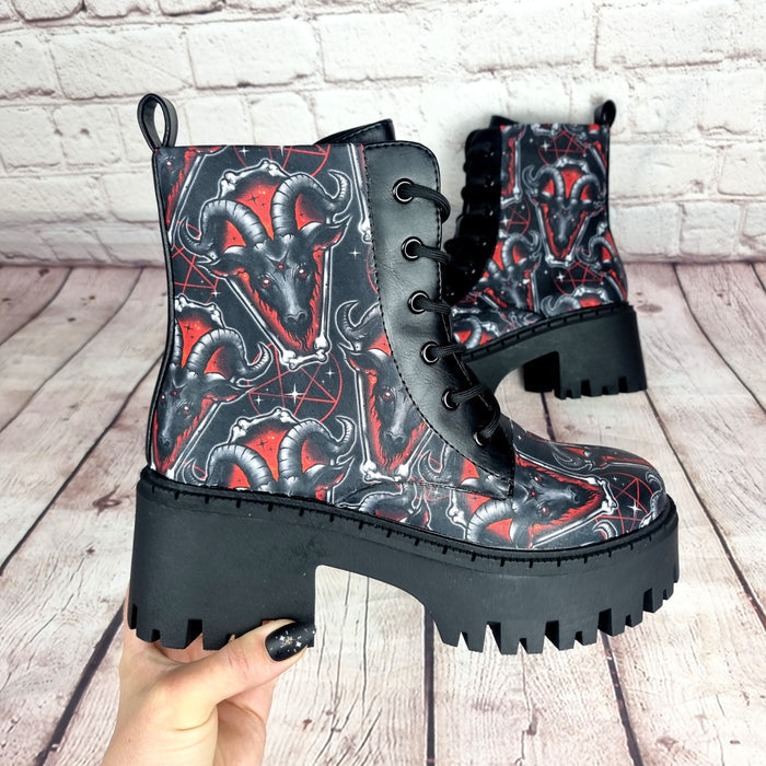Baphomed Red Goat chunky heel ankle boots