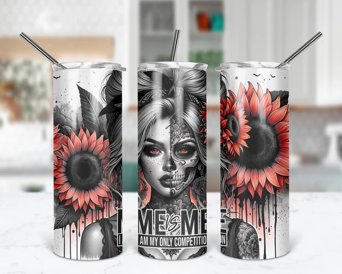 Becoming Her Me Vs Me 20 oz tumbler featuring a split beauty-and-skull portrait, glowing red eyes, red-and-black sunflowers, and motivational wording