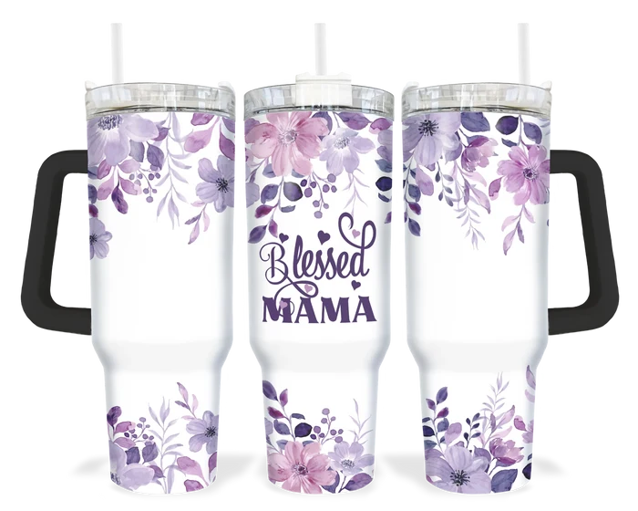 A 40oz tumbler with a black handle featuring a purple floral design and the words 'Blessed Mama'