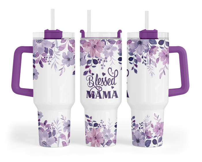 A 40oz tumbler with a purple handle featuring a purple floral design and the words 'Blessed Mama'
