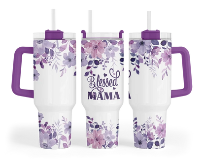 A 40oz tumbler with a purple handle featuring a purple floral design and the words 'Blessed Mama'