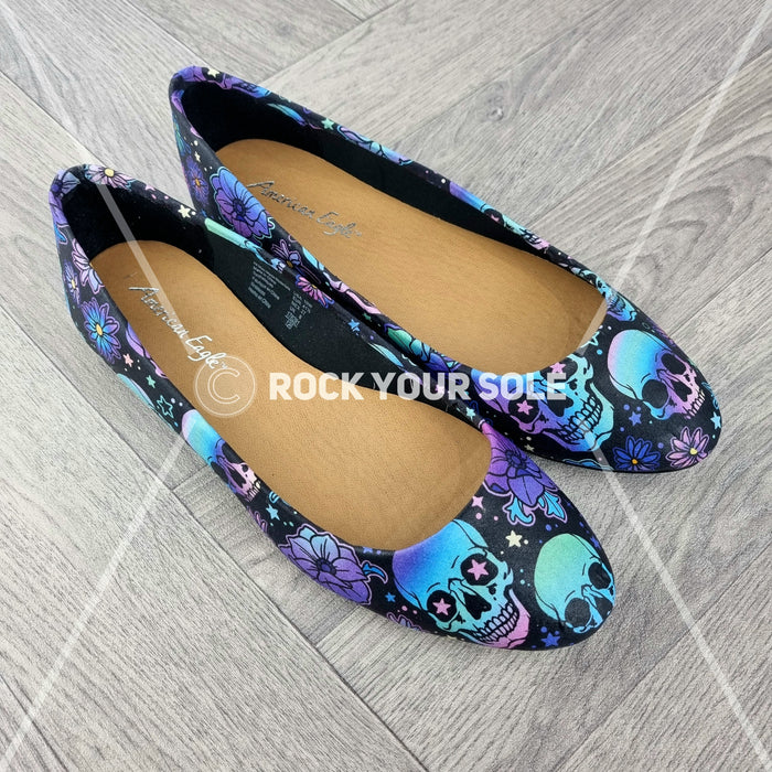 Blue Floral Skulls women dolly pumps