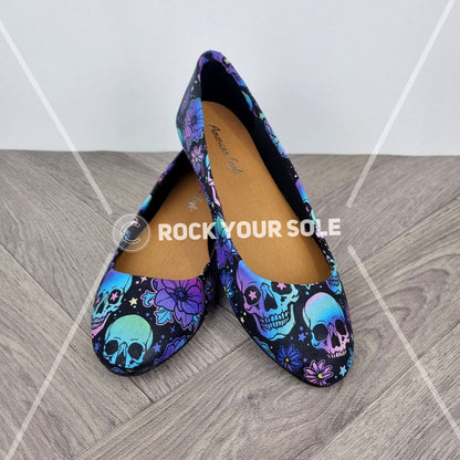 Blue Floral Skulls women dolly pumps
