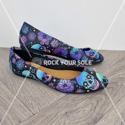 Blue Floral Skulls women dolly pumps