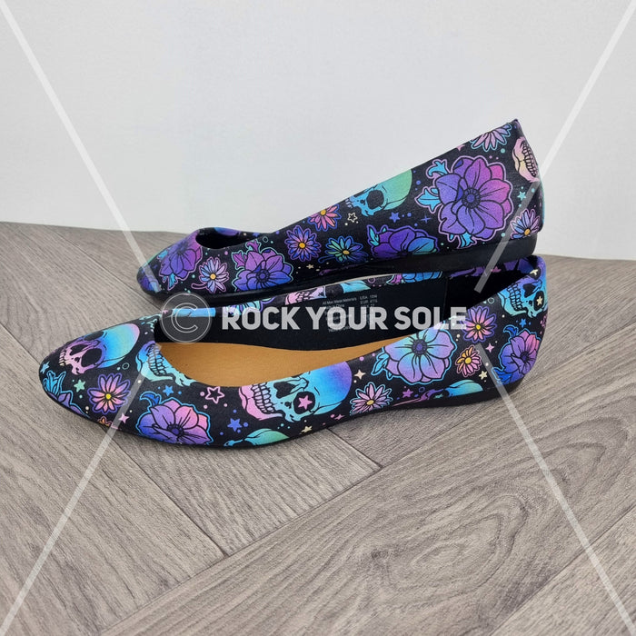 Blue Floral Skulls women dolly pumps