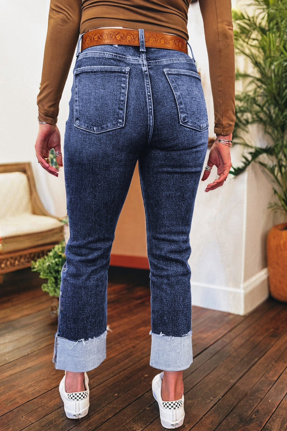 Hazel Blues® |  Real Teal Folded Cuffs Distressed Straight High Waist Jeans