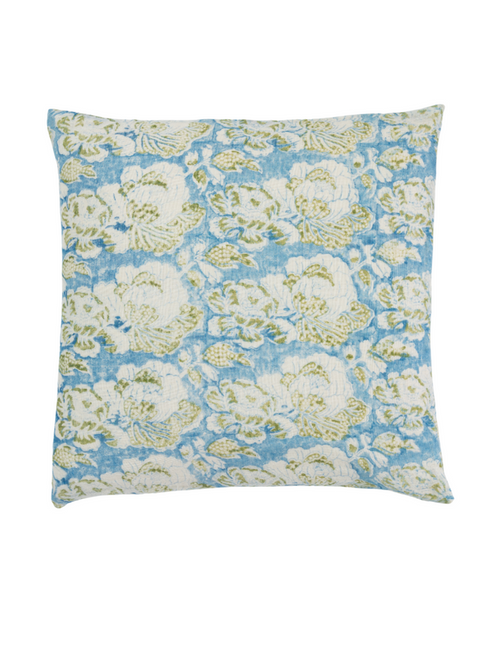 Cabbage Rose Cornflower Blue/Moss Green Decorative Pillow Cover