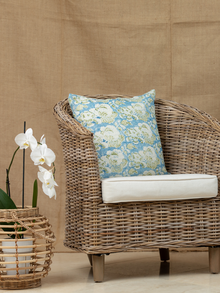 Cabbage Rose Cornflower Blue/Moss Green Decorative Pillow Cover