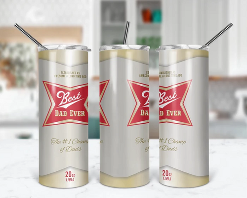 Cheers to the Best Dad 20 oz tumbler with a red, white, and gold beverage-can-inspired design featuring Best Dad Ever and The Number One Champ of Dads.
