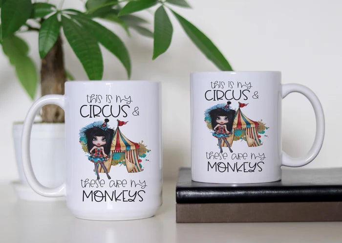 Circus, Chaos & Caffeine white ceramic coffee mug featuring a colorful circus tent, illustrated ringmaster and This Is My Circus and These Are My Monkeys saying.