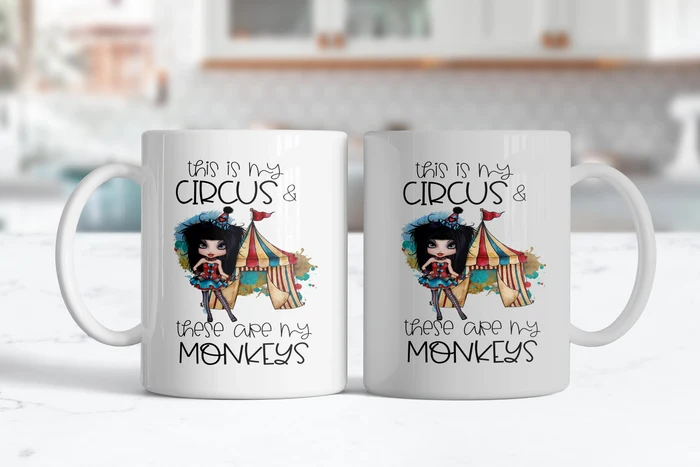 Close-up of Circus, Chaos & Caffeine funny coffee mug with colorful circus artwork and This Is My Circus and These Are My Monkeys quote.
