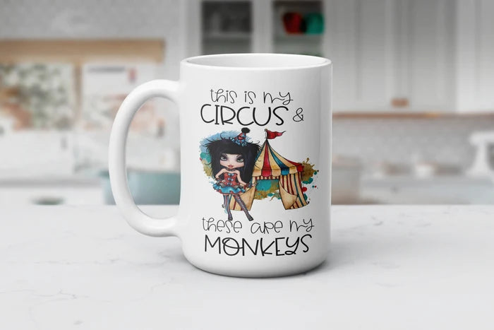 15 oz Circus, Chaos & Caffeine circus-themed coffee mug for moms, teachers and chaos coordinators.