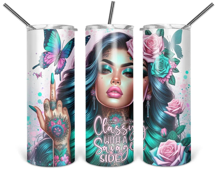 Classy With A Savage Side 20oz floral tumbler shown from multiple angles