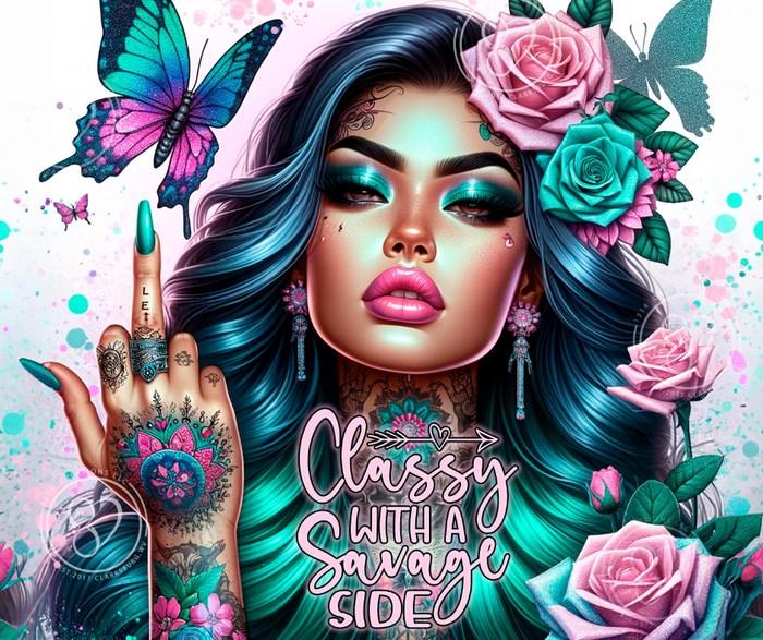 20oz tumbler with glamorous woman teal highlighted hair pink roses and tattoo inspired details