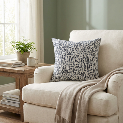 Deep Blue Reef Blue, cream Floral Luxury Throw Pillow