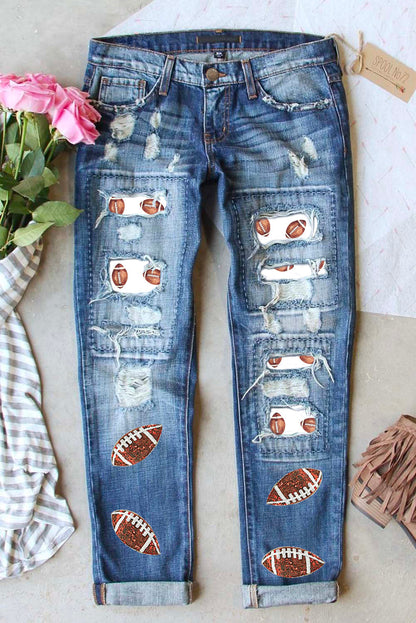 Hazel Blues® |  Sky Blue Sequin Football Patchwork Distressed Straight Leg Jeans