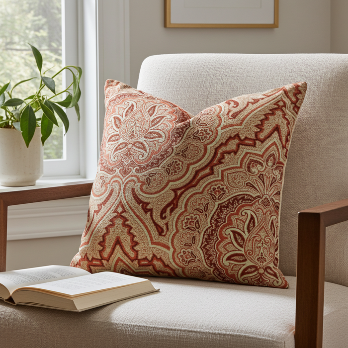 Enchanted Prairie Red and Beige Luxury Throw Pillow