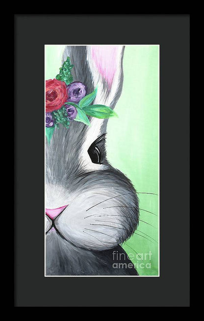 Grey Easter Bunny with Flowers - Framed Print