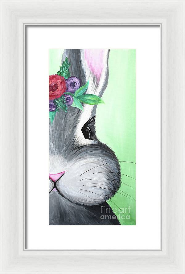 Grey Easter Bunny with Flowers - Framed Print