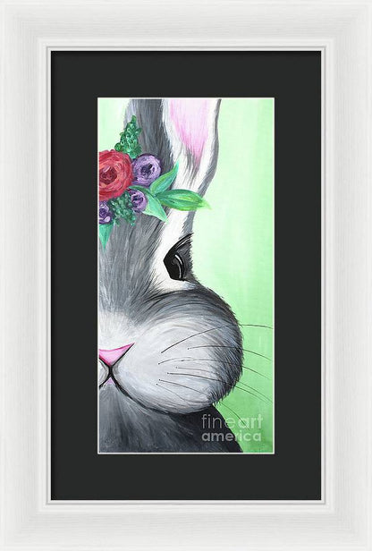 Grey Easter Bunny with Flowers - Framed Print