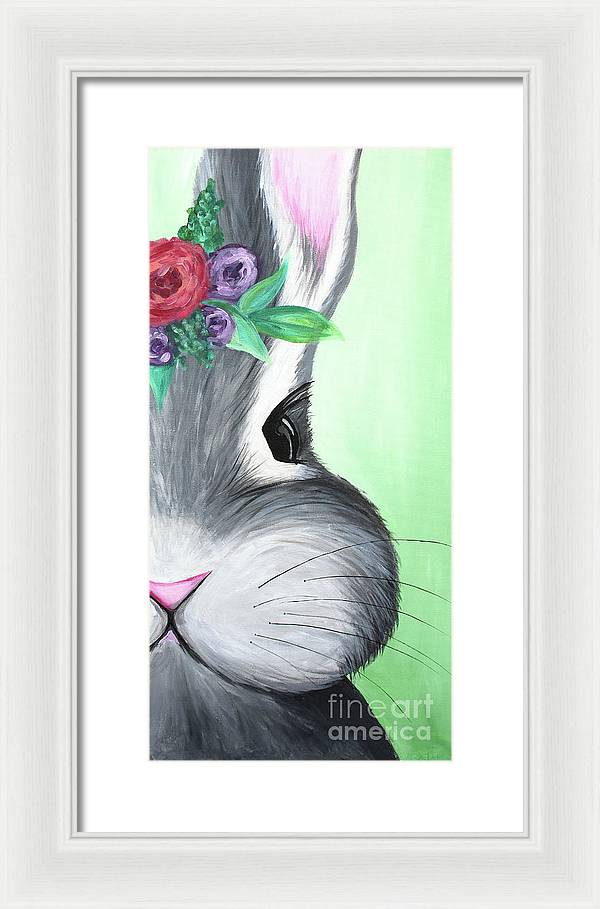 Grey Easter Bunny with Flowers - Framed Print