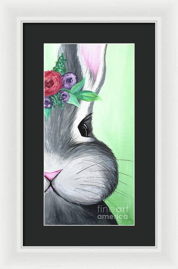 Grey Easter Bunny with Flowers - Framed Print